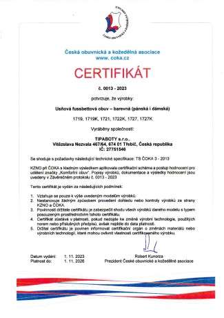Certifikát České obuvnické a kožedělné asociace